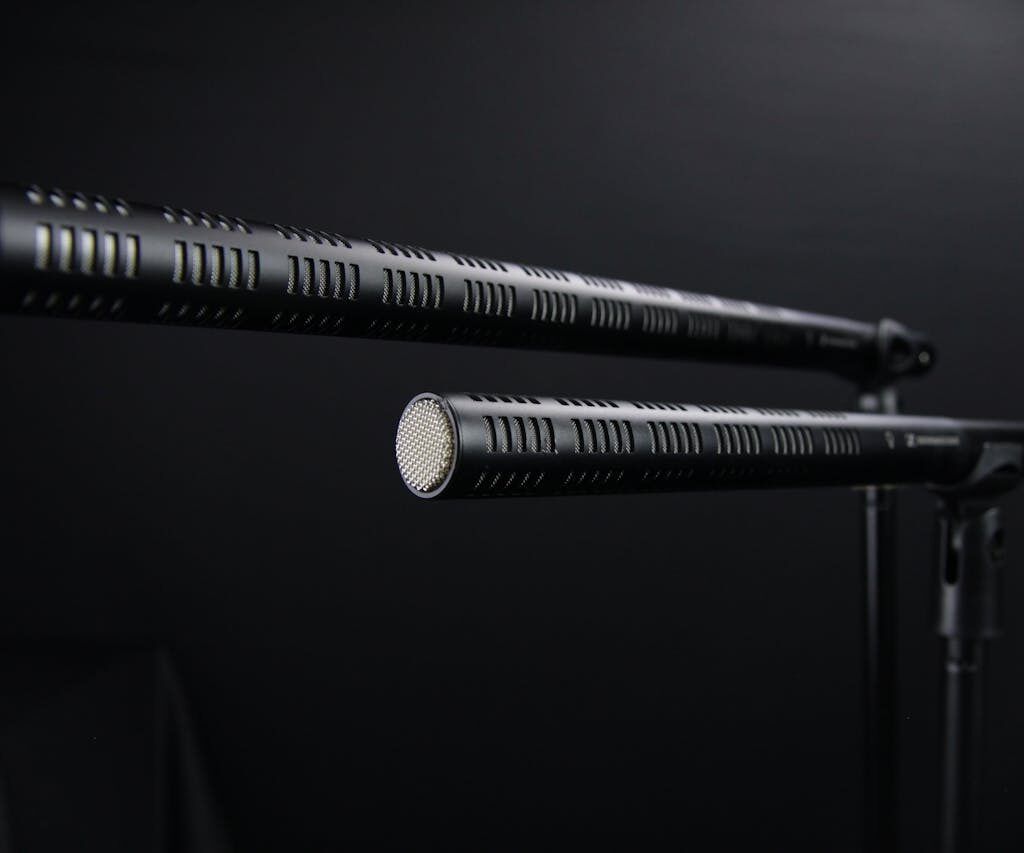 Close-up view of two professional shotgun microphones in a recording studio.